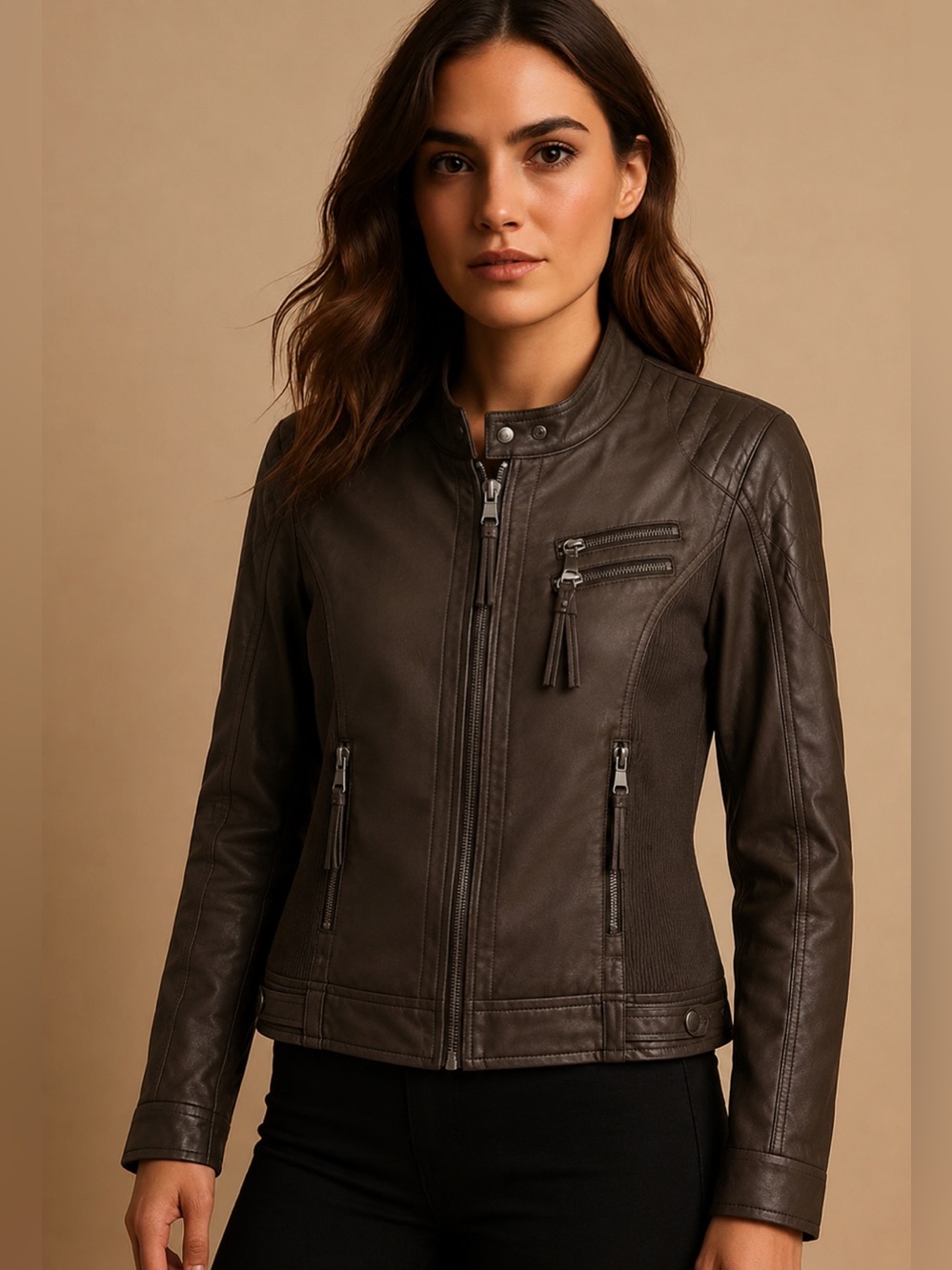 Ookie & Lola Brown Moto Jacket Faux Leather Zip Front Women’s Medium